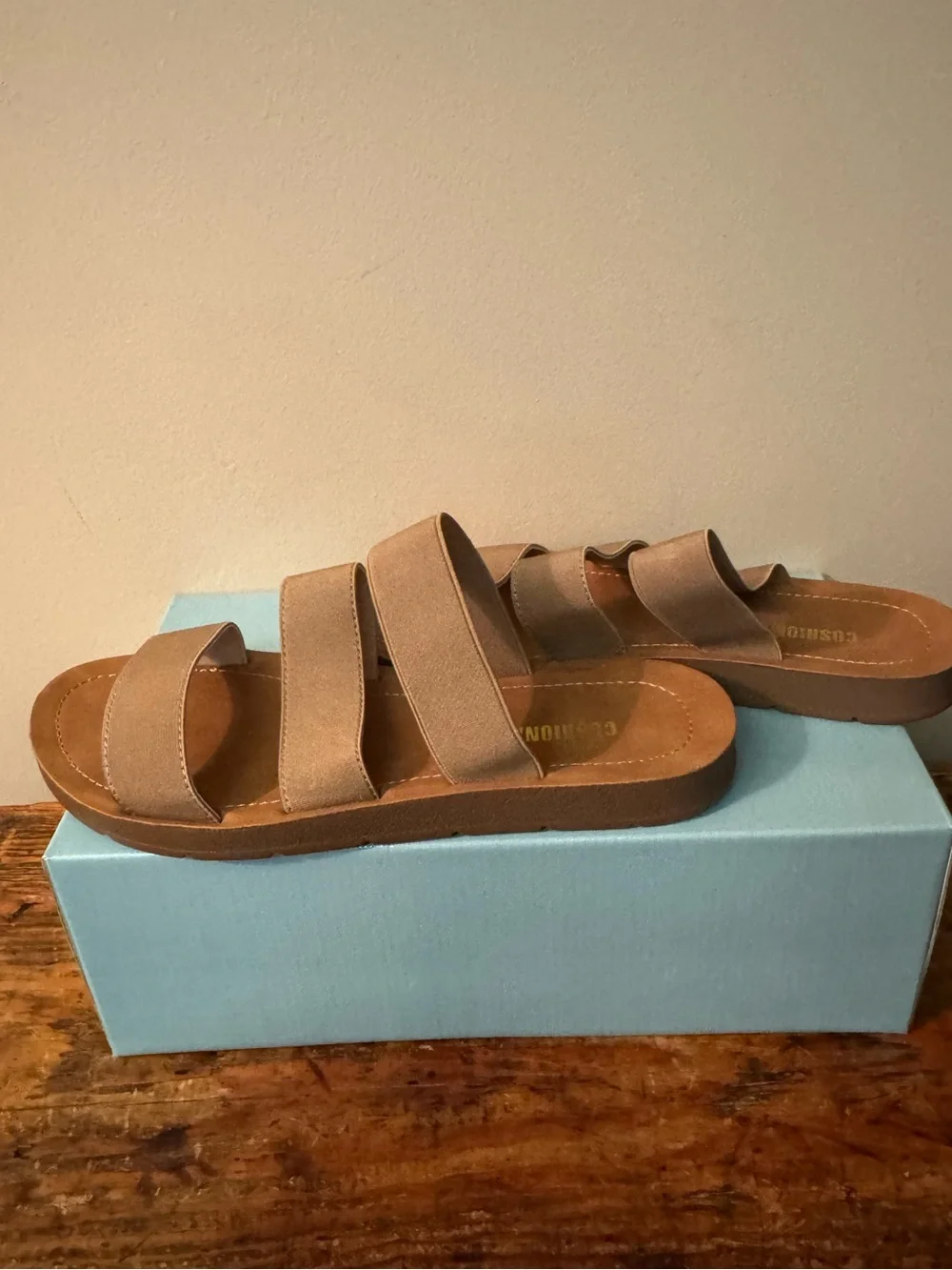CushionaireTriple Strap Slide Sandals in Taupe, size 9
